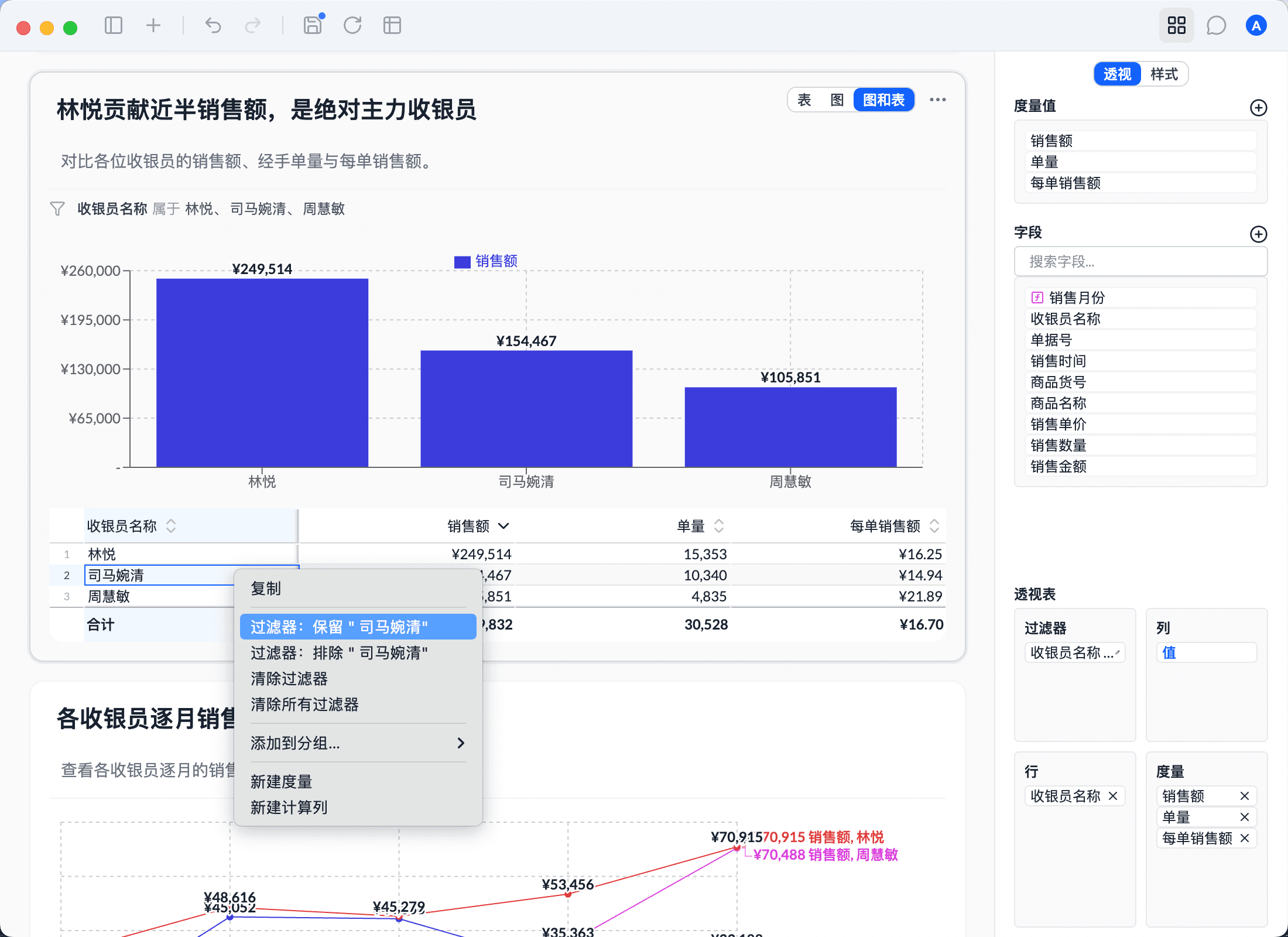 透视表单元格的右键菜单：保留、排除、添加到分组、新建度量