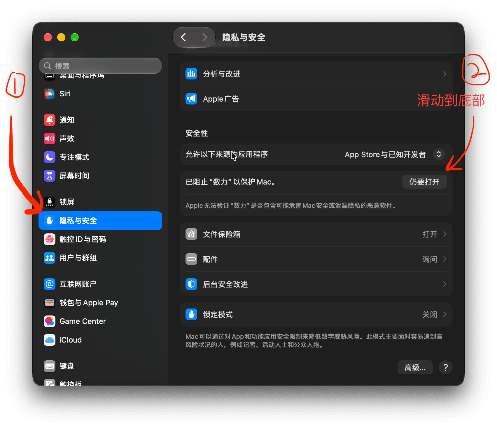 系统设置的隐私与安全性页面，底部有「仍要打开」按钮