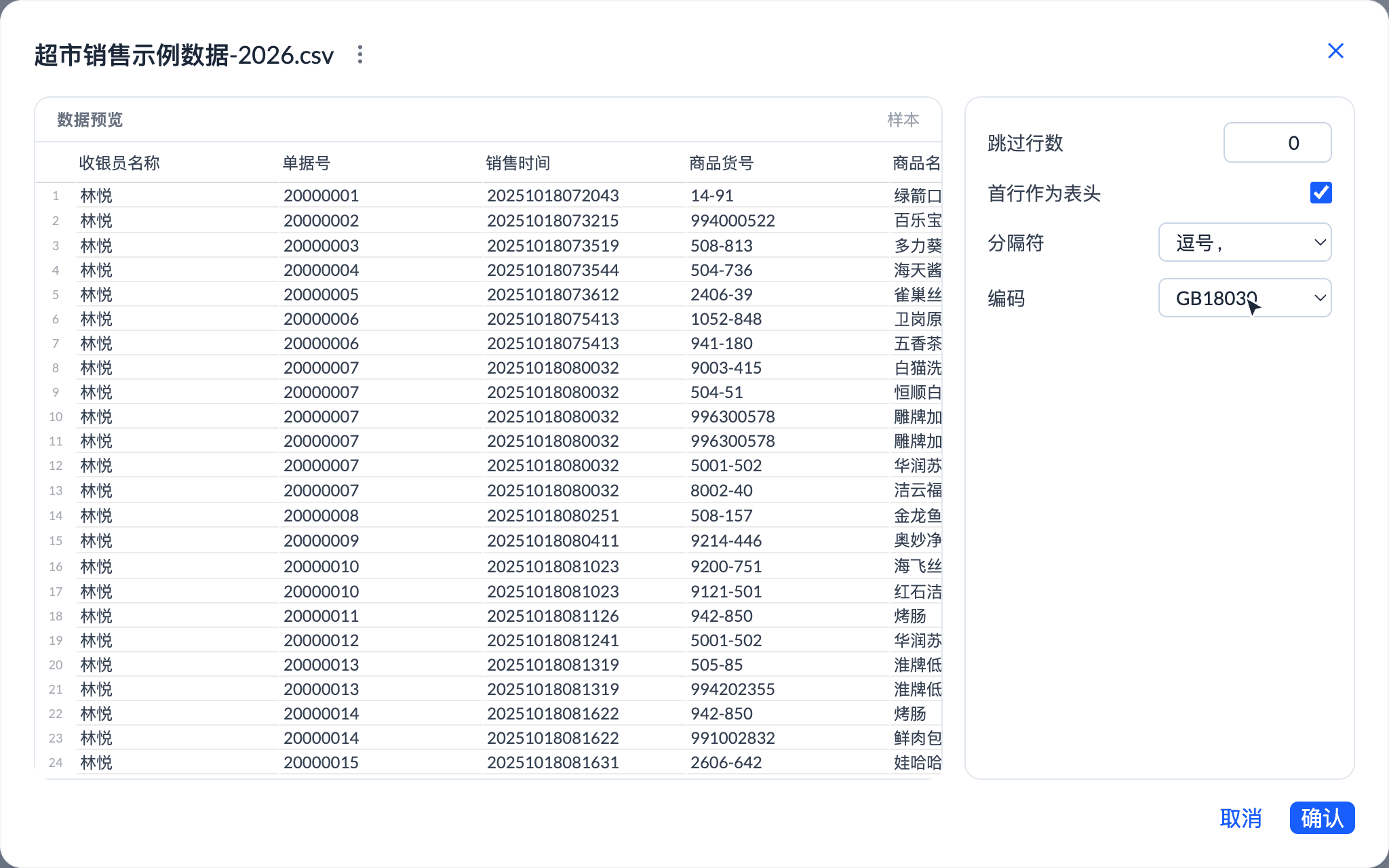 数力的导入预览:一份 GBK 编码的超市销售数据,编码被自动识别为 GB18030,收银员名称、商品名称等中文列全部显示正常